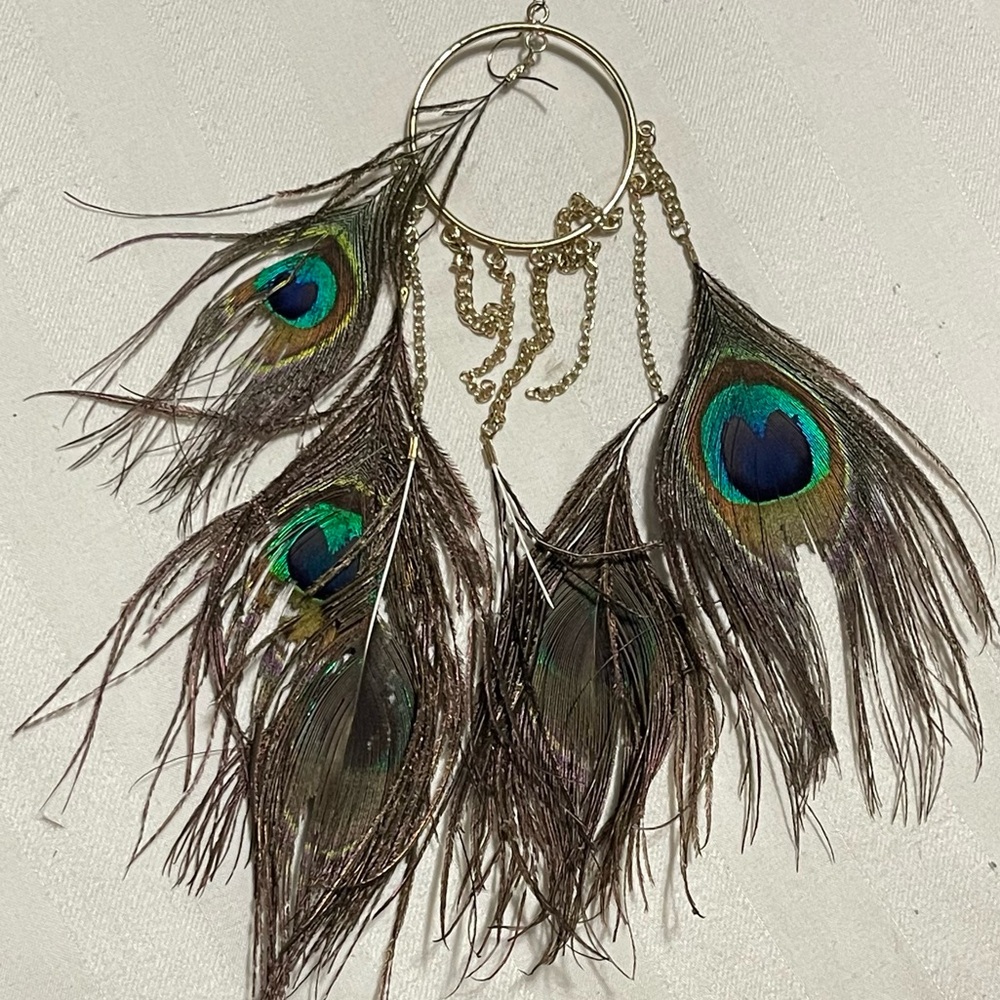Handmade long five  peacock feather dangle single earring boho